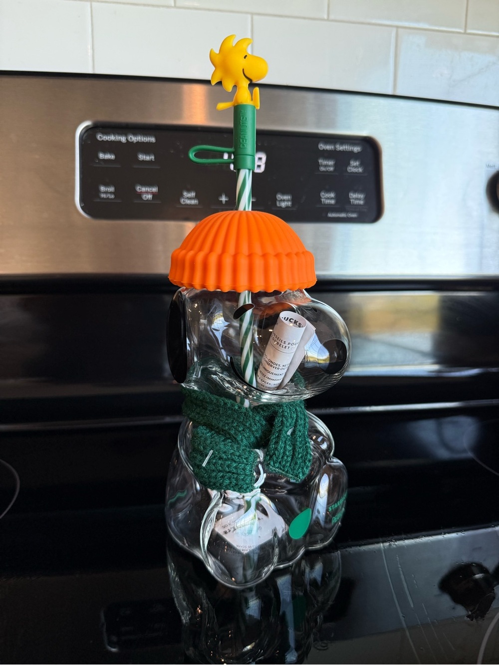 Starbucks Clear Snoopy Cup with Orange Lid and Green Scarf